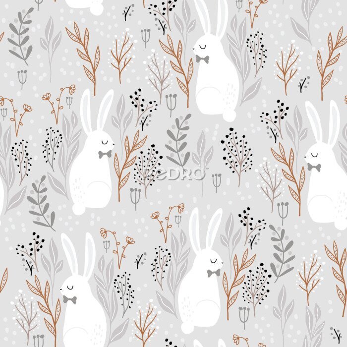 Papier peint à motif  Lièvres blancs dans la forêt