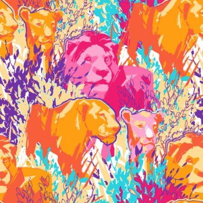 Papier peint à motif  Lions abstraits dans l'herbe colorée