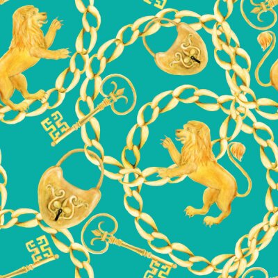 Papier peint à motif  Lions d'or et chaînes