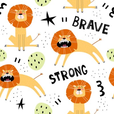 Papier peint à motif  Lions de dessin animé et inscriptions sur fond blanc