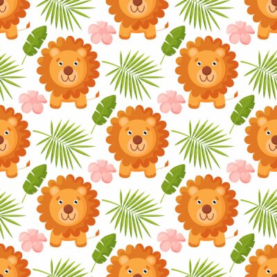 Papier peint à motif  Lions et plantes tropicales sur fond blanc