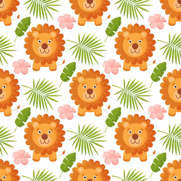 Papier peint à motif  Lions et plantes tropicales sur fond blanc