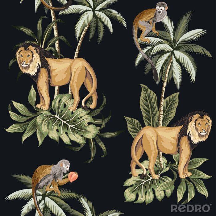 Papier peint à motif  Lions et singes parmi les palmiers