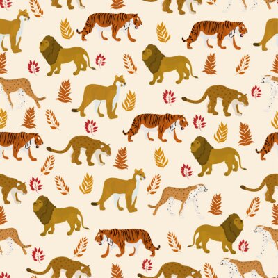 Papier peint à motif  Lions et tigres parmi les feuilles tropicales