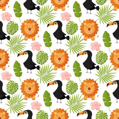 Papier peint à motif  Lions et toucans parmi les feuilles de palmier