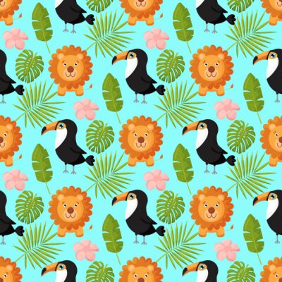 Papier peint à motif  Lions et toucans parmi les feuilles tropicales vertes