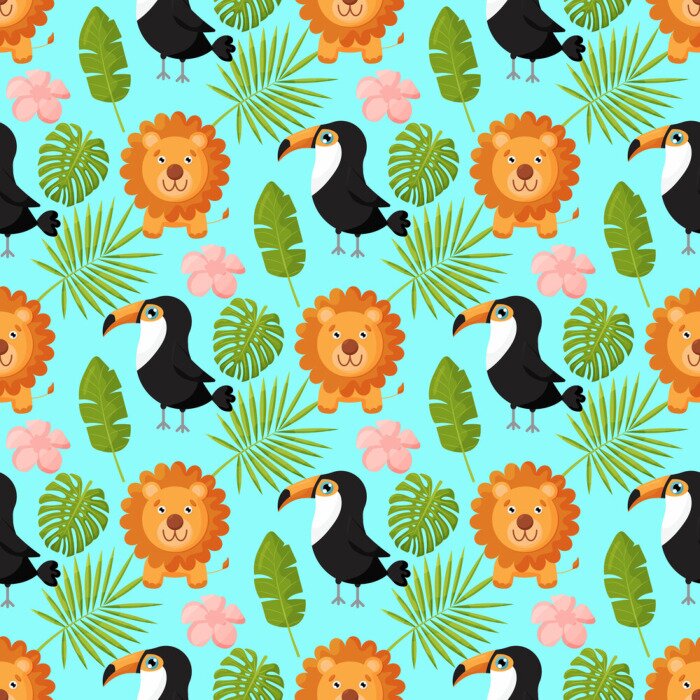 Papier peint à motif  Lions et toucans parmi les feuilles tropicales vertes