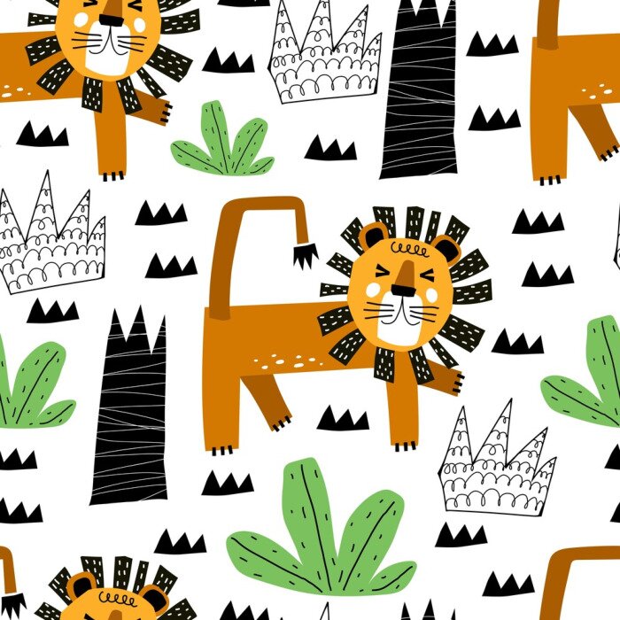 Papier peint à motif  Lions et végétation de safari