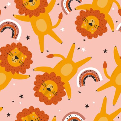 Papier peint à motif  Lions joyeux parmi les arcs-en-ciel et les étoiles