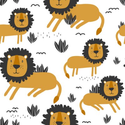 Papier peint à motif  Lions mignons et plantes minimalistes