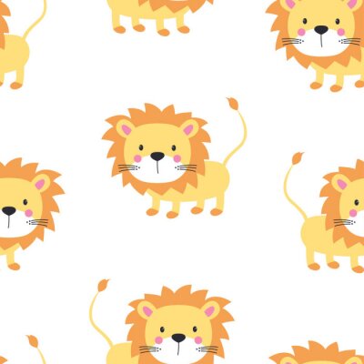 Papier peint à motif  Lions mignons sur fond blanc