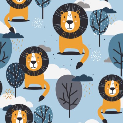 Papier peint à motif  Lions parmi les arbres et les nuages