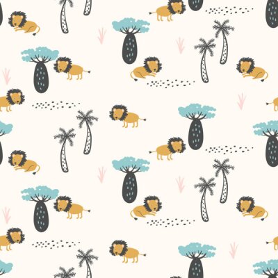 Papier peint à motif  Lions parmi les plantes tropicales pour enfants