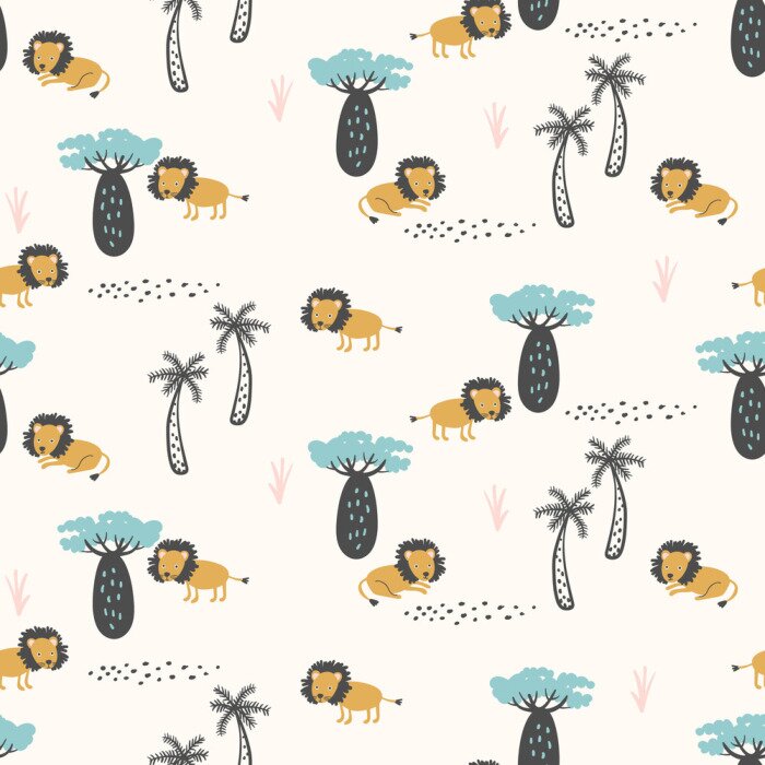 Papier peint à motif  Lions parmi les plantes tropicales pour enfants