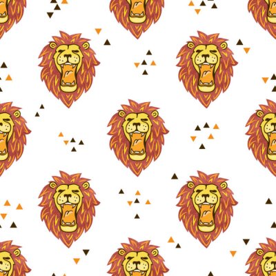 Papier peint à motif  Lions rugissants et triangles sur fond blanc