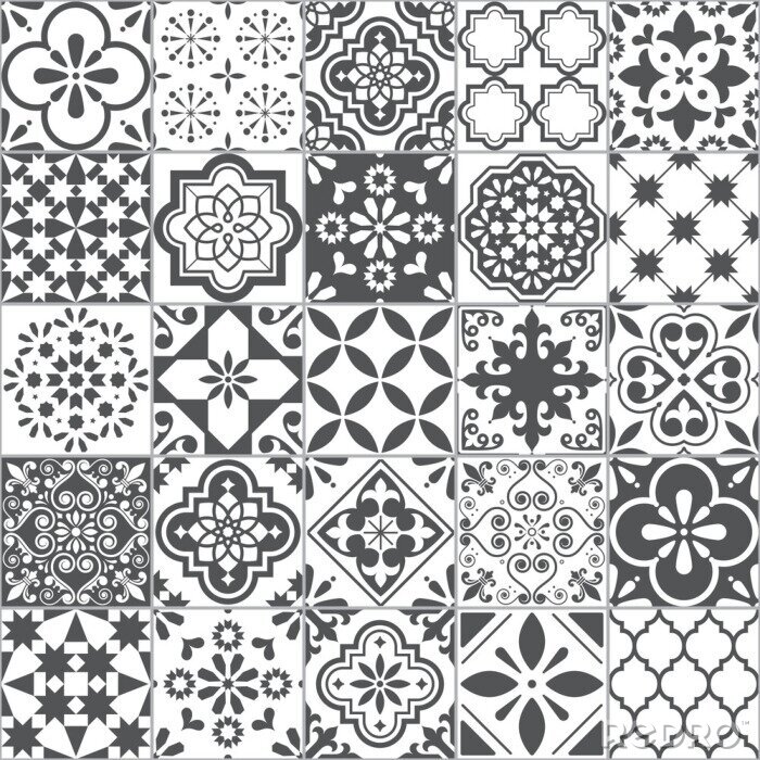 Papier peint à motif  Lisbon geometric Azulejo tile vector pattern, Portuguese or Spanish retro old tiles mosaic, Mediterranean seamless gray and white design 	
