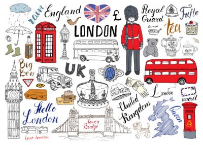 London city doodles collection d'éléments. Ensemble dessiné à la main avec, pont de la tour, couronne, big ben, garde royale, bus rouge et taxi, UK carte et drapeau, pot de thé, lettrage, illustration