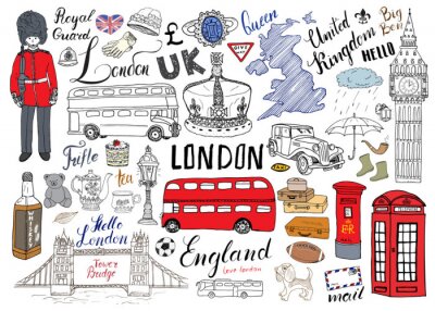 London city doodles collection d'éléments. Ensemble dessiné à la main avec, pont de la tour, couronne, big ben, garde royale, bus rouge et taxi, UK carte et drapeau, pot de thé, lettrage, illustration