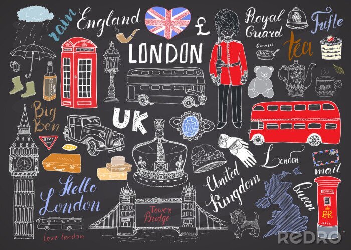 Papier peint à motif  London city doodles collection d'éléments. Ensemble dessiné à la main avec, pont de la tour, couronne, big ben, garde royale, bus rouge et taxi, UK carte et drapeau, pot de thé, lettrage, illustration