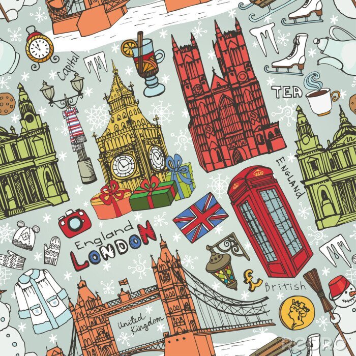 Papier peint à motif  London, hiver, Repères, seamless, pattern.Colored, Doodles