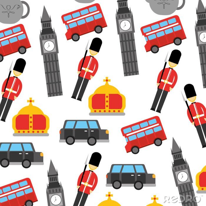 Papier peint à motif  londres et royaume-uni ville soldat couronne taxi autobus big ben icônes