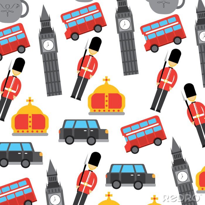 Papier peint à motif  londres et royaume-uni ville soldat couronne taxi autobus big ben icônes vecteur