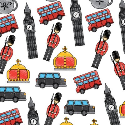 Papier peint à motif  londres et royaume-uni ville soldat couronne taxi autobus big ben icônes vecteur
