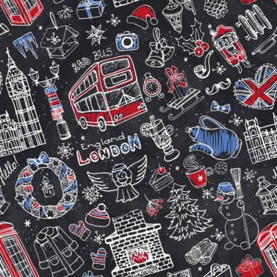 Papier peint à motif  Londres, hiver, seamless, pattern.Christmas, Doodles.Chalk