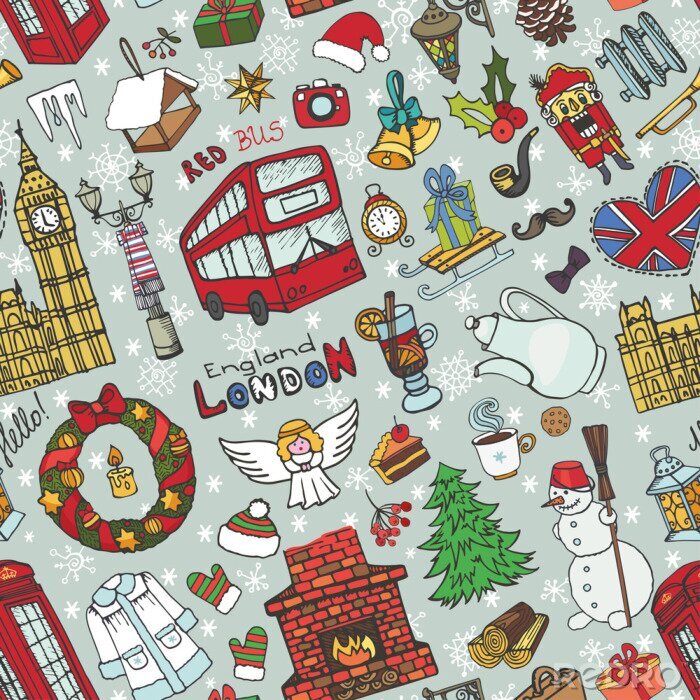Papier peint à motif  Londres, hiver, seamless, pattern.Christmas, griffonnages