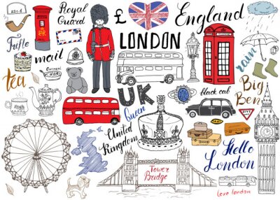 Londres, ville, doodles, éléments, collection. Main, tiré, ensemble, tour, pont, couronne, grand, ben, royal, garde, rouge, bus, noir, cabine, Royaume-Uni, carte, drapeau, thé, pot