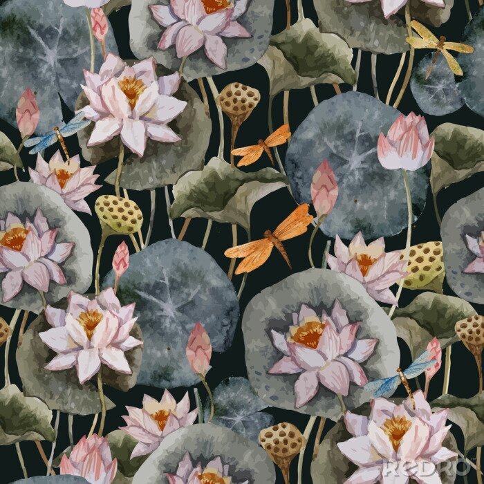 Papier peint à motif  Lotus et libellules