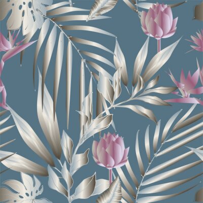 Papier peint à motif  Lotus flowers surrounded by palm leaves seamless pattern. Vector illustration with tropical plants.