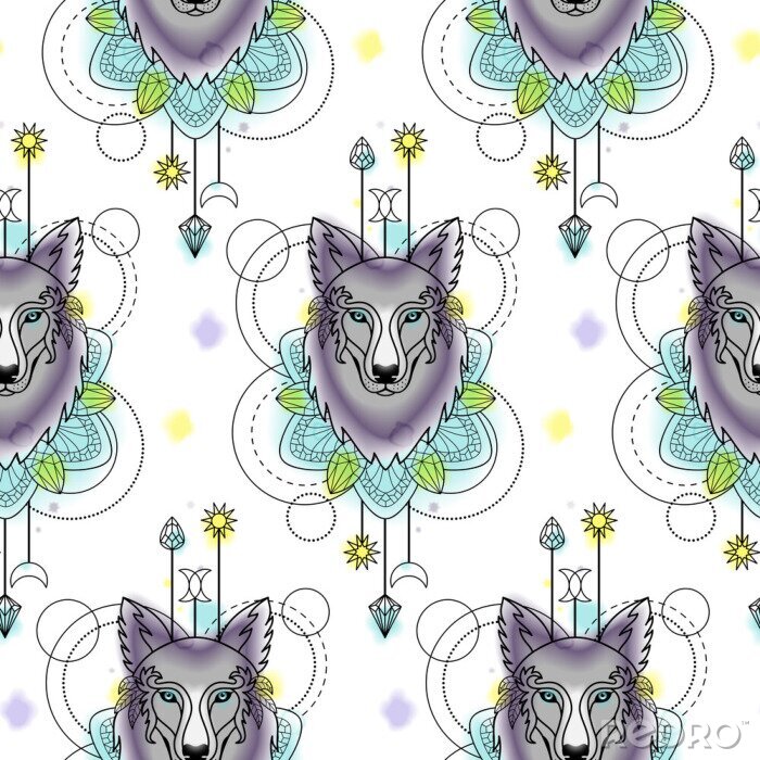 Papier peint à motif  Loups aux ornements colorés géométriques