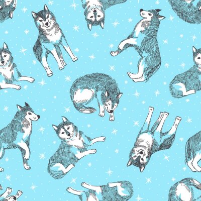 Papier peint à motif  Loups blancs sur fond bleu