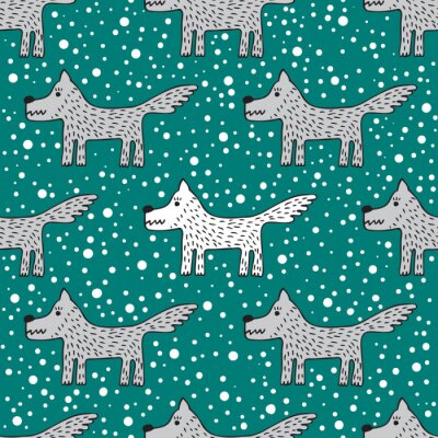 Papier peint à motif  Loups de bébé dessin animé blanc et gris