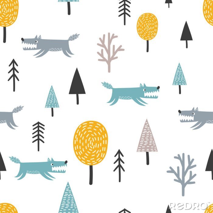 Papier peint à motif  Loups et arbres de style scandinave