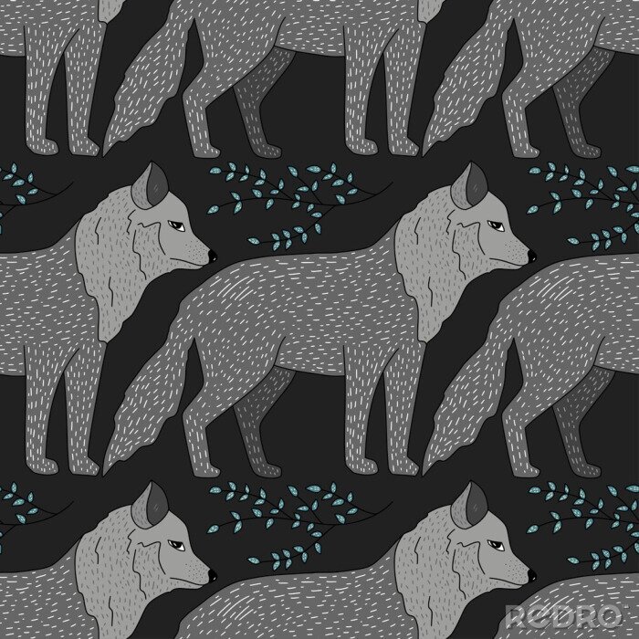 Papier peint à motif  Loups gris et petites feuilles sur fond noir