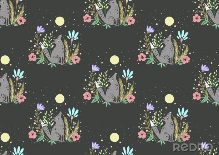 Papier peint à motif  Loups hurlant à la lune avec des fleurs