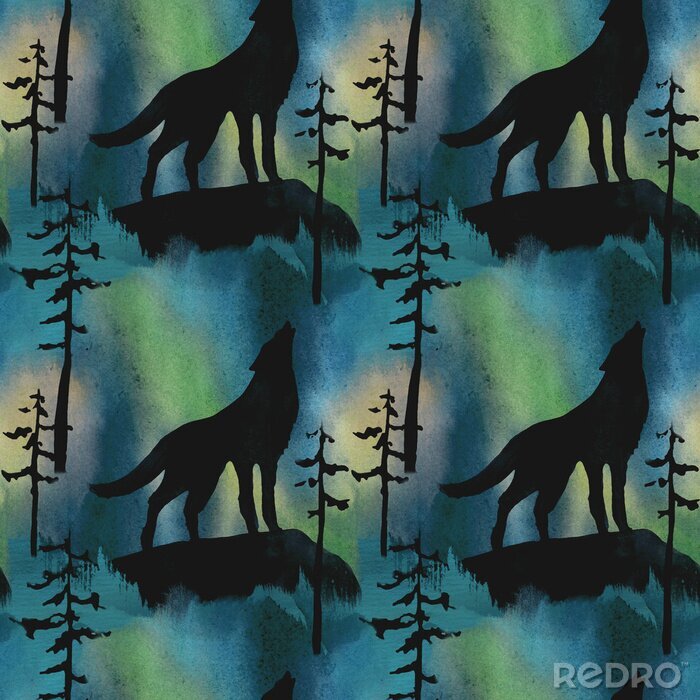 Papier peint à motif  Loups hurlants contre les aurores boréales
