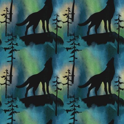 Papier peint à motif  Loups hurlants contre les aurores boréales