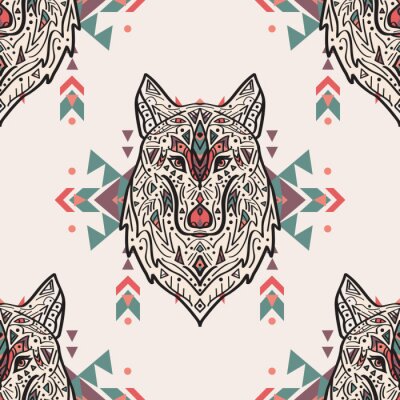 Papier peint à motif  Loups ornementaux aux formes colorées