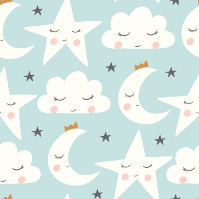 Papier peint à motif  lune endormie de vecteur, nuage, étoile en arrière-plan transparent bleu