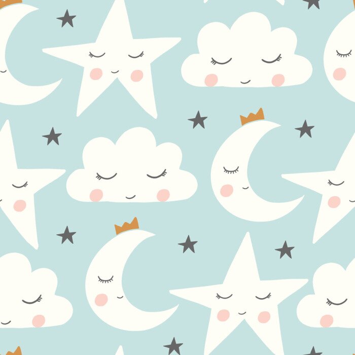 Papier peint à motif  lune endormie de vecteur, nuage, étoile en arrière-plan transparent bleu