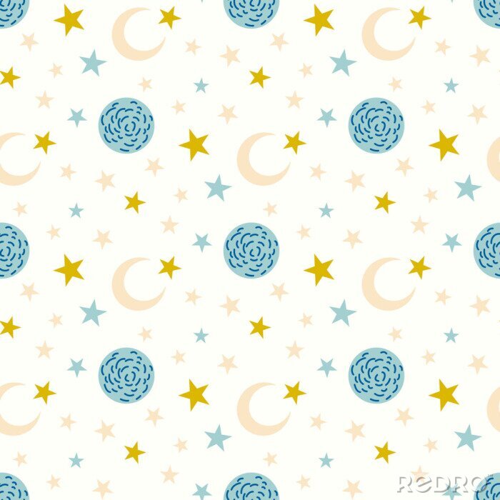 Papier peint à motif  Lunes et étoiles sur un fond blanc