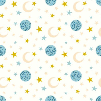 Papier peint à motif  Lunes et étoiles sur un fond blanc