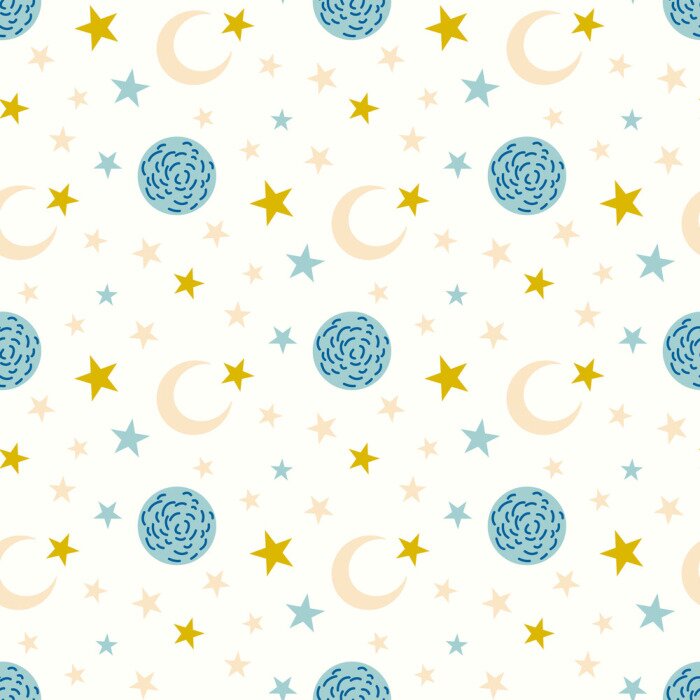 Papier peint à motif  Lunes et étoiles sur un fond blanc