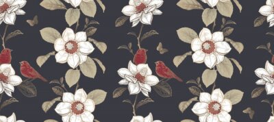 Papier peint à motif  Luxury seamless pattern. Blooming magnolia tree and little cute birds.