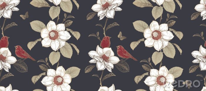 Papier peint à motif  Luxury seamless pattern. Blooming magnolia tree and little cute birds.