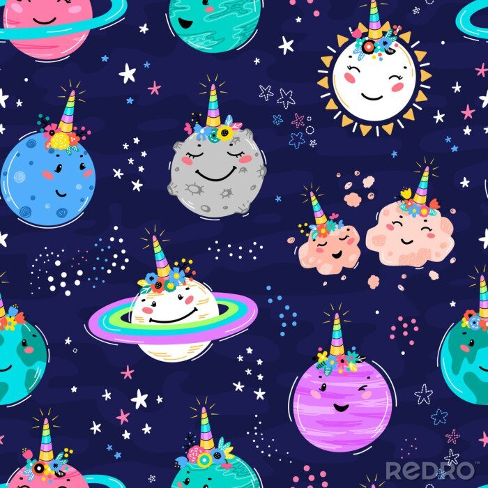 Papier peint à motif  Magic Unicorn Seamless Pattern with Planets, Sun, Meteorite. Cute Planet Smiling Face with Unicorn Horn and Flower Crown. Space Vector Background for Kids t-shirt Print, Nursery Design, Birthday Party