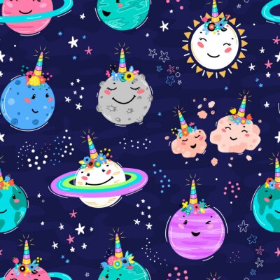 Papier peint à motif  Magic Unicorn Seamless Pattern with Planets, Sun, Meteorite. Cute Planet Smiling Face with Unicorn Horn and Flower Crown. Space Vector Background for Kids t-shirt Print, Nursery Design, Birthday Party